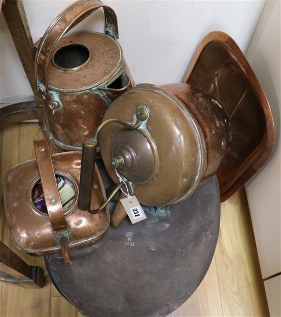 A large 19th century copper oval two-handled boiler and cover, crested and four other metalware items